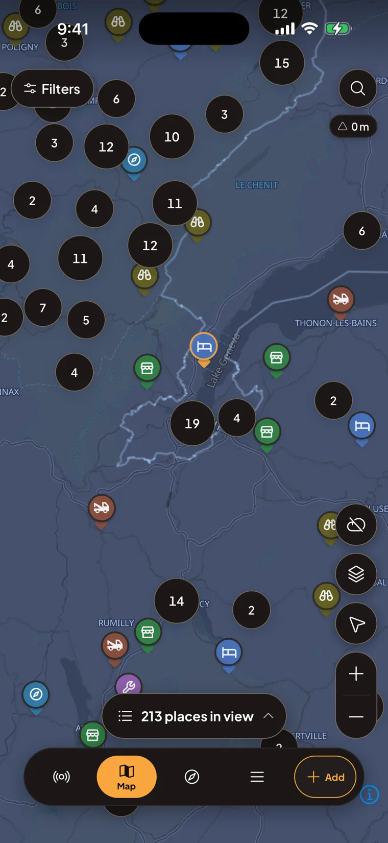 Motonest map of Geneva with motorcycle-friendly places