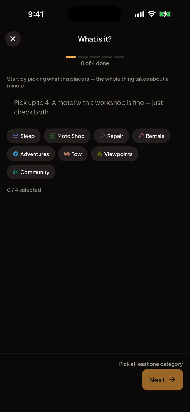 Motonest in-app screen to suggest a new nest for other riders
