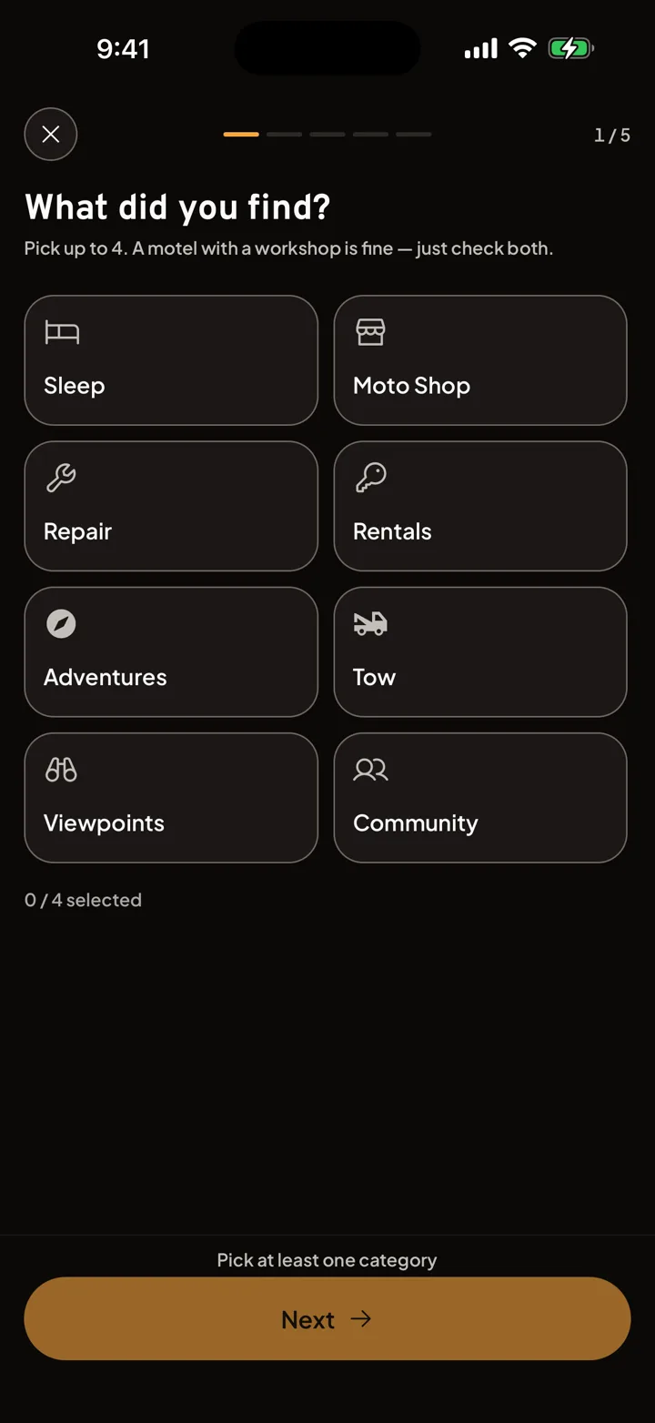 Motonest in-app screen to suggest a new nest for other riders