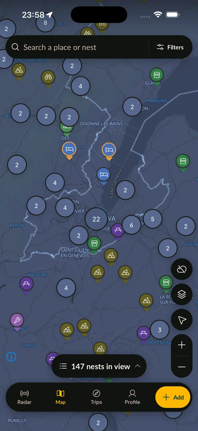 Motonest map view with category pins
